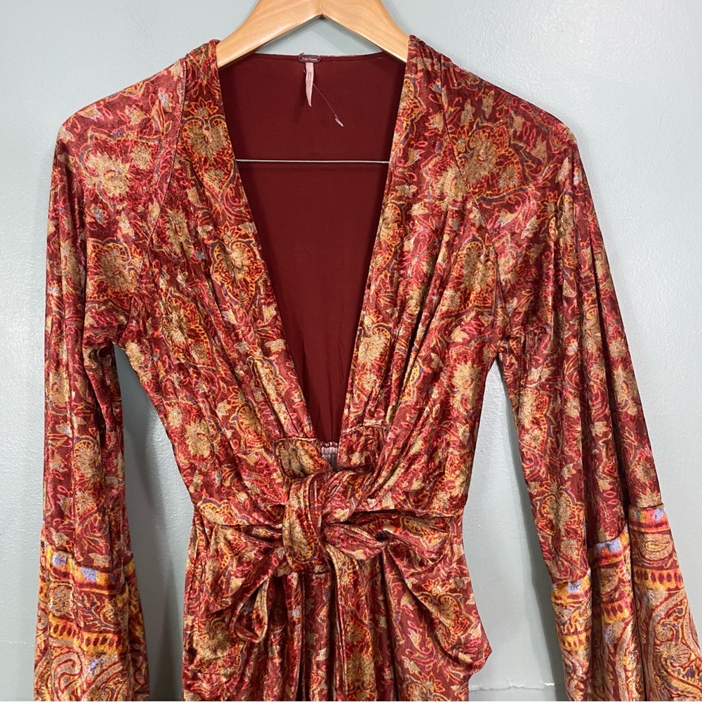 Free People Harper Velvet Paisley Jumpsuit Yellow Red Size XS - Picture 4 of 7